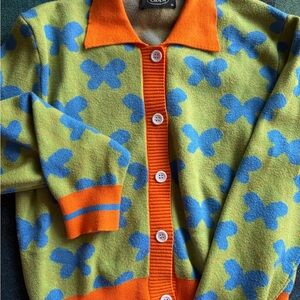 Cider Green and Blue Butterfly Cardigan with Orange Accents